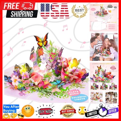 Pop up Birthday Card with Lights Music, 3D Butterfly Flowers Get Well Soon Th...