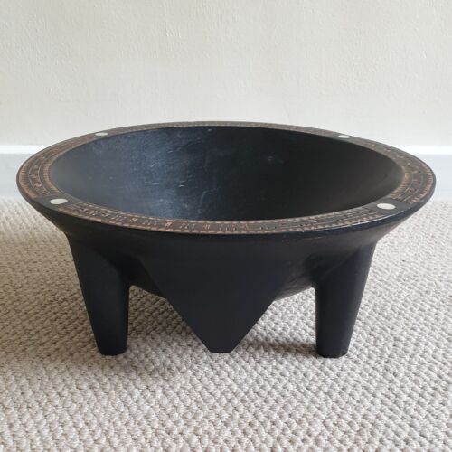 Vintage Fijian Carved Kava Bowl 31cm Polynesian Ornate Design Inlay Four Legs - Picture 1 of 15