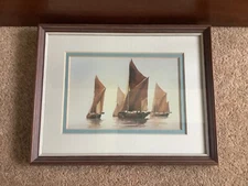 Wooden Framed  Print Of Old Sailing Boats Ships 16 cm x 20 .5 cm approx 