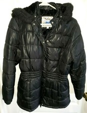 girls JUSTICE solid black THICK WINTER COAT HOOD removable plush lined 16/18 WOW