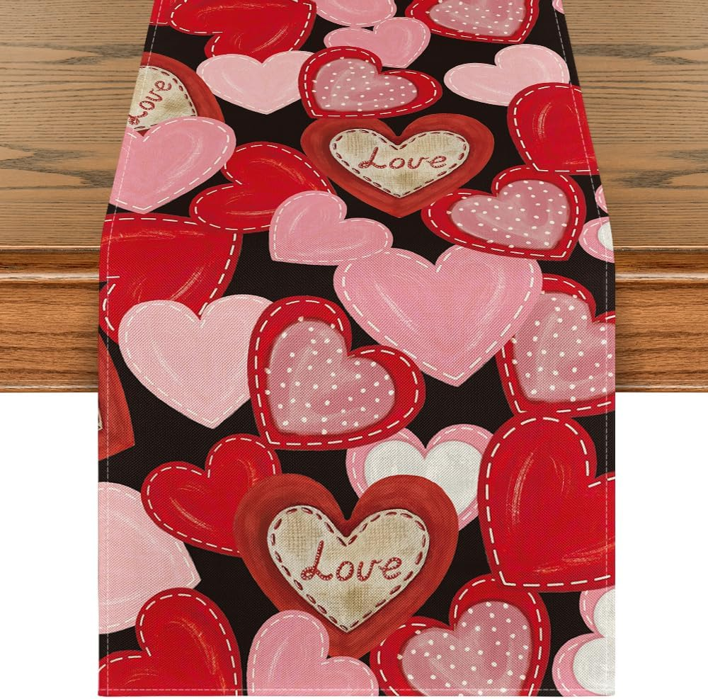 Black Pink Love Heart Valentine'S Day Table Runner, Seasonal Anniversary Kitchen