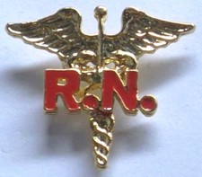 Nurse RN Lapel Pin With Caducius R.N. Script in Gold Plate Made in USA NEW
