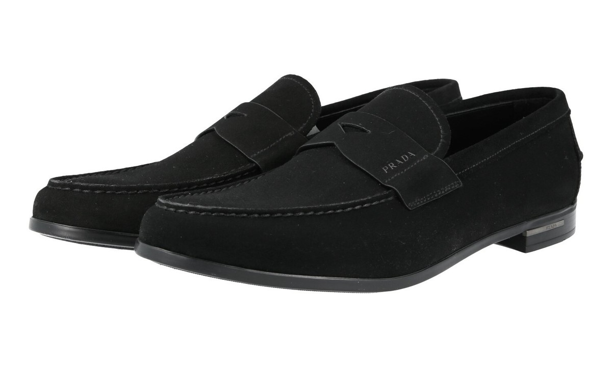 PRADA Suede Penny Loafer Dress Shoes - Logo Heel - Black  display picture 1