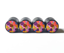 Pattern Design Style 6 Tire Valve Caps - Black Aluminum - Set Of Four