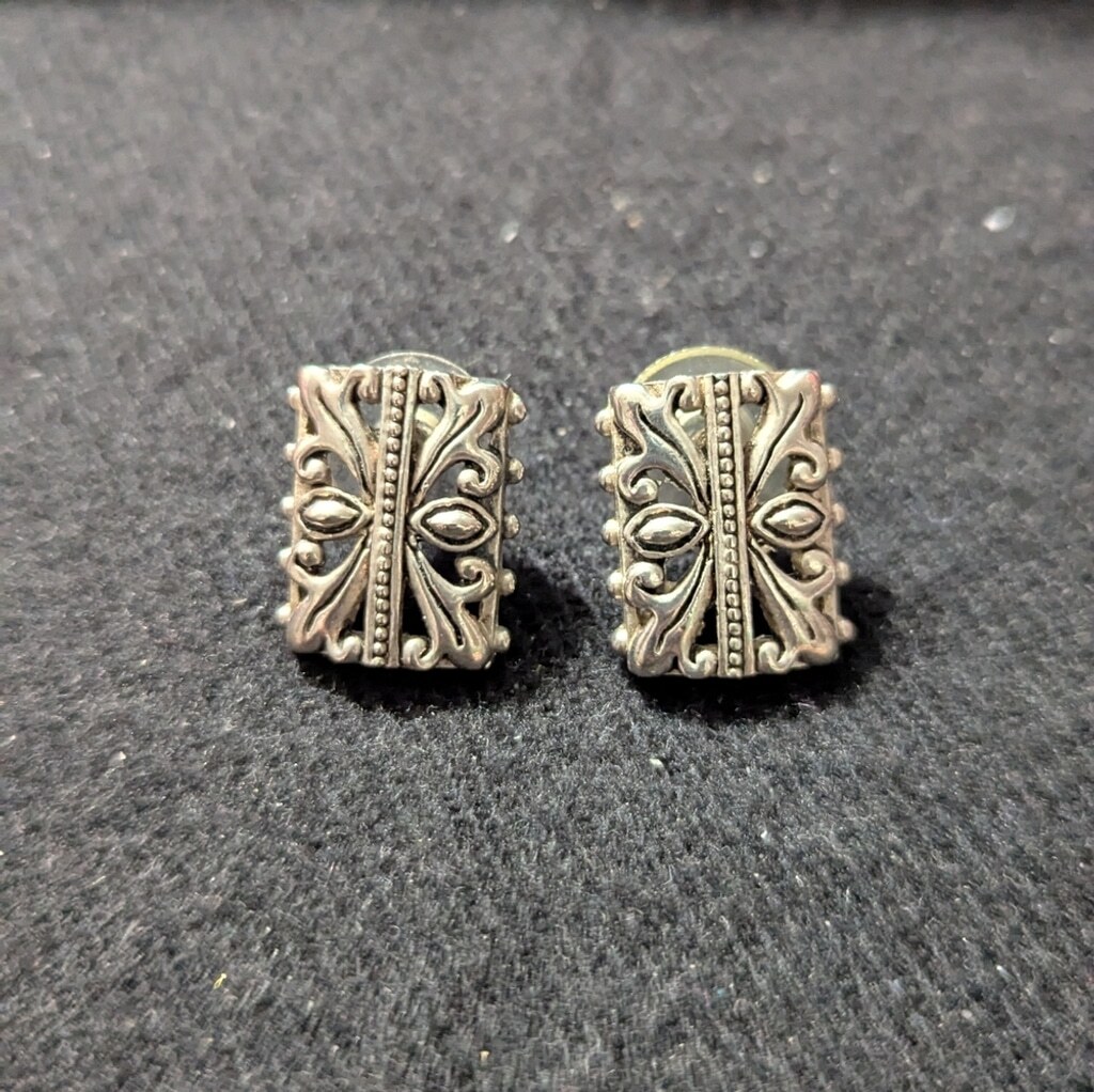 Silver Tone Rectangular Geometric Stud Statement … - image 1