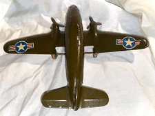 Vintage MARX Pressed Steel Military Army Airplane w Wooden Wheels