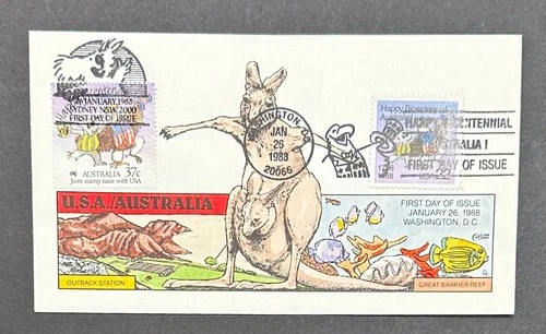 1988 US FDC #2370 Australia Bicentennial Joint Issue Collins Hand Colored Cachet