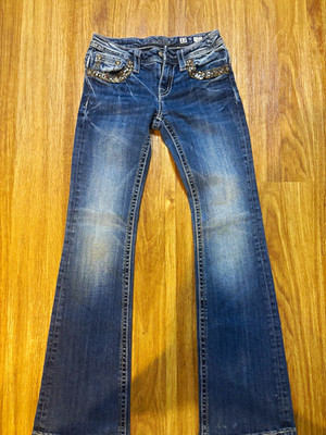 Miss Me Women's Bootcut Jeans Blue Medium Wash Rhinestone Flap Pocket Mid Rise