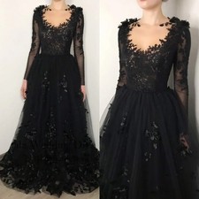 Gothic Black Wedding Dresses Scoop Neck Long Sleeves Lace 3D Flowers Bridal Gown