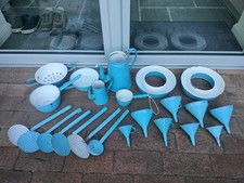 Emaille Konvolut Dänemark Blau Shabby Kelle Kuchenform Sieb Trichter Antik Alt