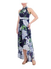 Eliza J Navy Blue Floral Metallic Chiffon High-Low Chiffon Dress Size 12 $218