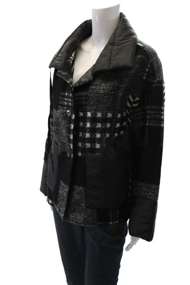 Renuar Womens Textured Thick Knitted Button Collar Checkered Jacket Black Size X - Image 2 of 4