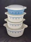 VINTAGE PYREX Set 4 Covered Dish Snowflake Garland Blue White #471,472,472, 474