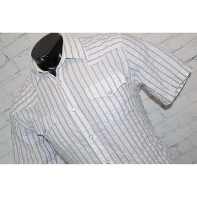 Express Short Sleeve Men Large Blue Striped Pearl Button Snaps Western Shirt