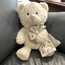 White Plush Teddy Bear with Rainbow Pattern Blanket, 2-Piece Set