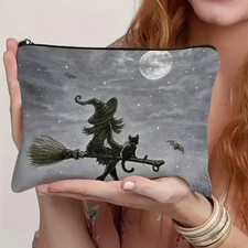 Witch and cat sitting on broomstick moon bat gothic cosmetic storage bag