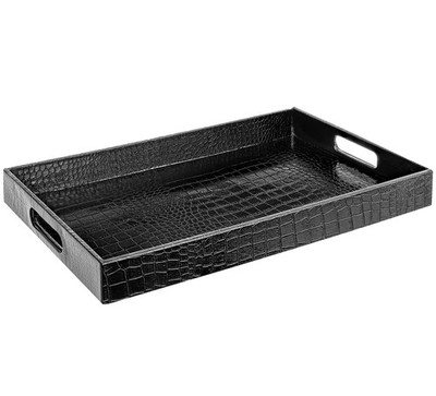 Black Leather Serving Tray with Handles, Glossy Faux Crocodile Print, 17.5x12...
