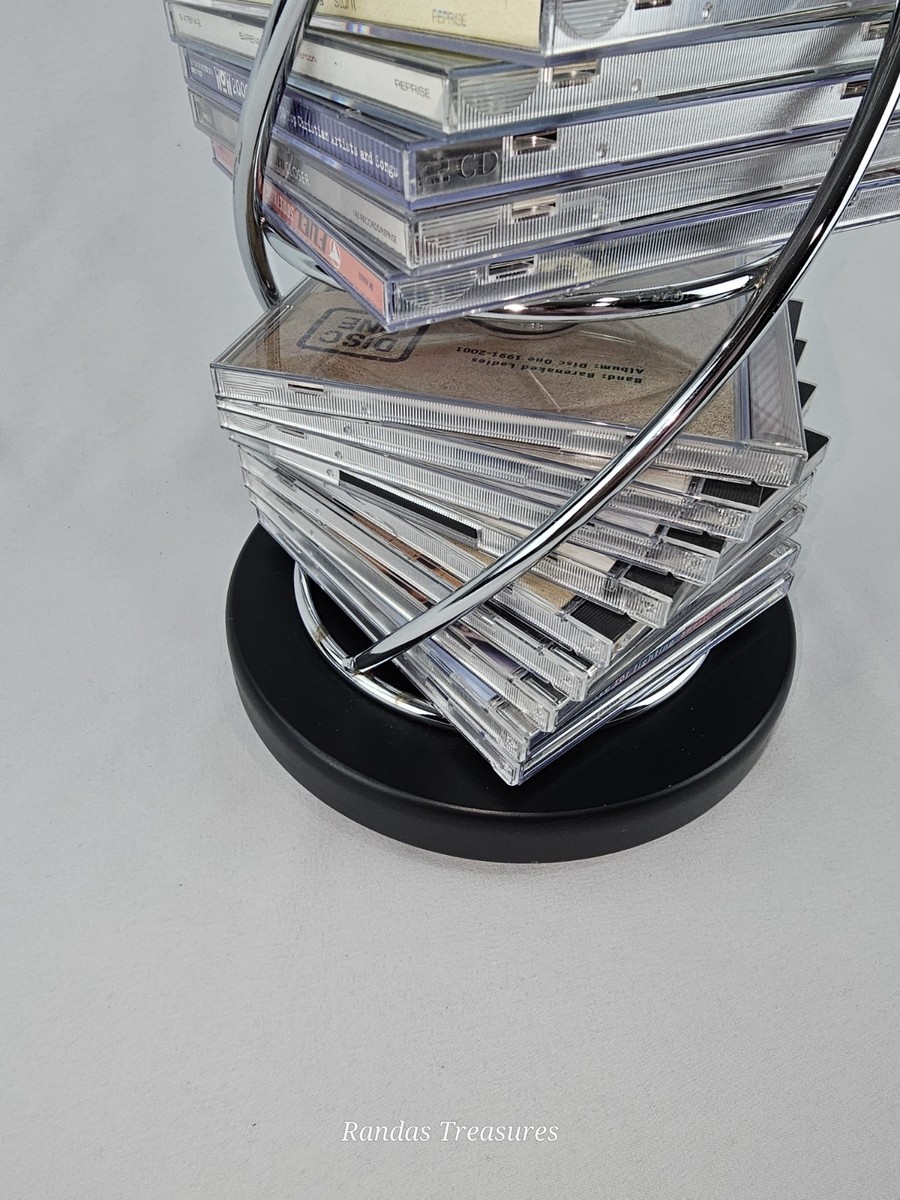 Vintage Chrome Spinning CD Rack Tower Black Base Holds over 40 CDs