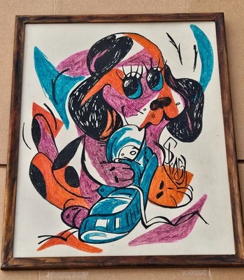 Vintage 60s Big Eye Puppy Dog Original Art Framed Kitsch