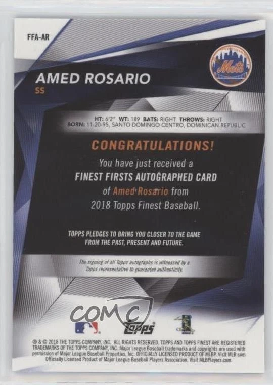 2018 Topps Finest Firsts Gold Refractor /50 Amed Rosario #FFA-AR Rookie Auto RC - Image 2 of 2