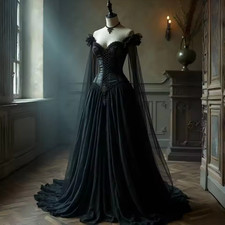 Gothic Black Wedding Dresses Lace Applique Corse Back Off The Shoulder A Line