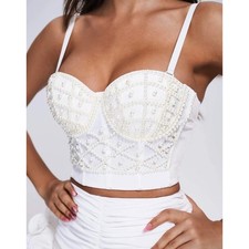 Coquette Pearl Bustier Crop Top White Satin Fairycore Cottagecore Boho