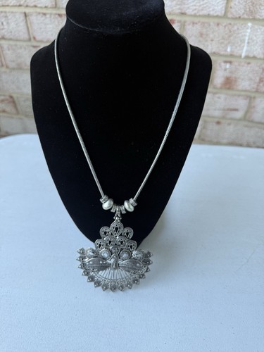 Silver Tone Filigree Peacock Pendant Necklace Snake Chain Greek Key Beads 18”