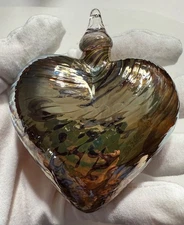 Glass Eye Studio Iridescent Platinum Bronze Swirl Glass Heart Christmas Ornament