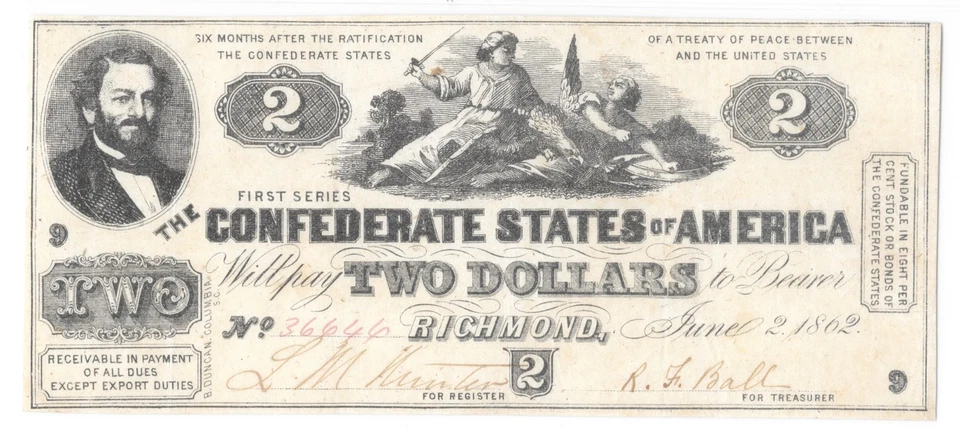 T-42 PF-2 1862 $2 Confederate Full Framed,Bright Beautiful PMG VF35 EPQ CSA Note - Image 2 of 4