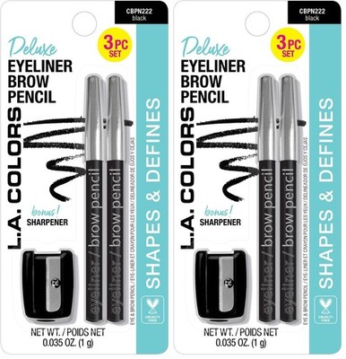 L.A. COLORS Eyeliner/Brow Pencils w/Sharpener 0.03 Ounce (Pack of 2), Black 