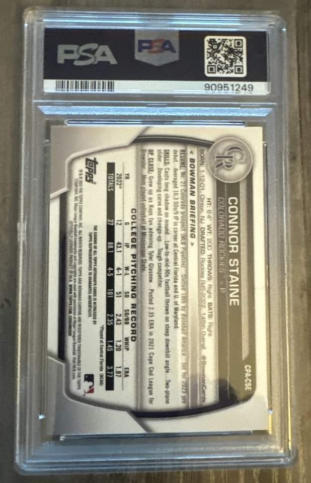 2023 1st Bowman Chrome Prospect Colorado Rockies Connor Staine Auto PSA 9 - Image 2 of 3