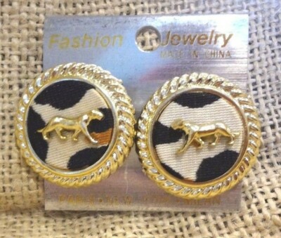 Animal Jaguar Print Gold Tone Trim Gold Jaguar Cntr Clip-On Earrings~New Carded 