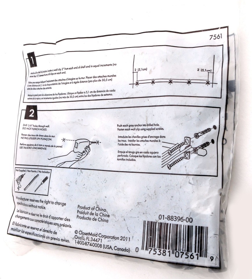 CLOSETMAID Concrete/Stud Shelf CLIPS 7561,2X16" Supp Bracket 6607,3X12