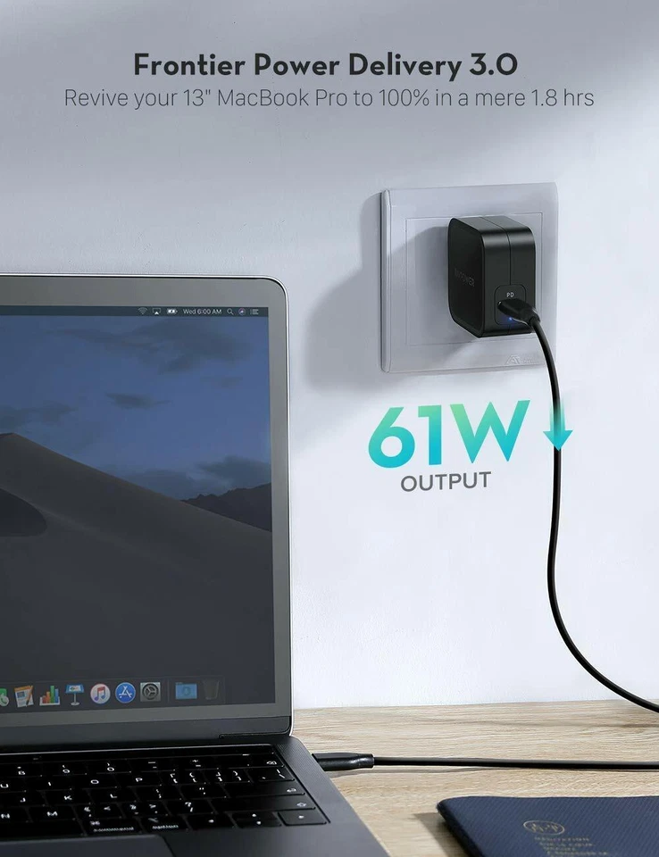 Cargador USB Tipo C RAVPOWER PC112 61W Cargador de Pared PD 3.0 Carga Rápida PB09 Foto 2 de 4