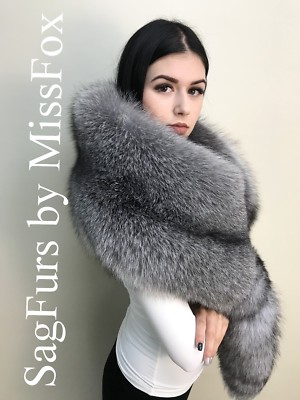 New: Saga Royal Blue frost fox fur stole wrap. Detachable tail. | eBay