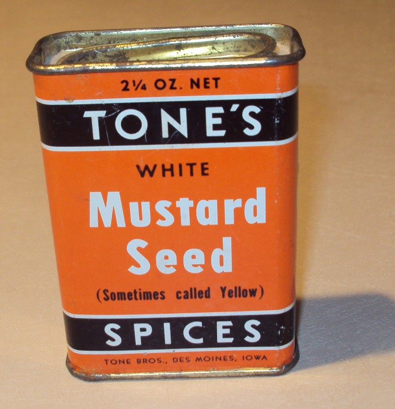 Vintage Tones white MUSTARD SEED 2.25 oz. spice tin, Partially Full   Tin