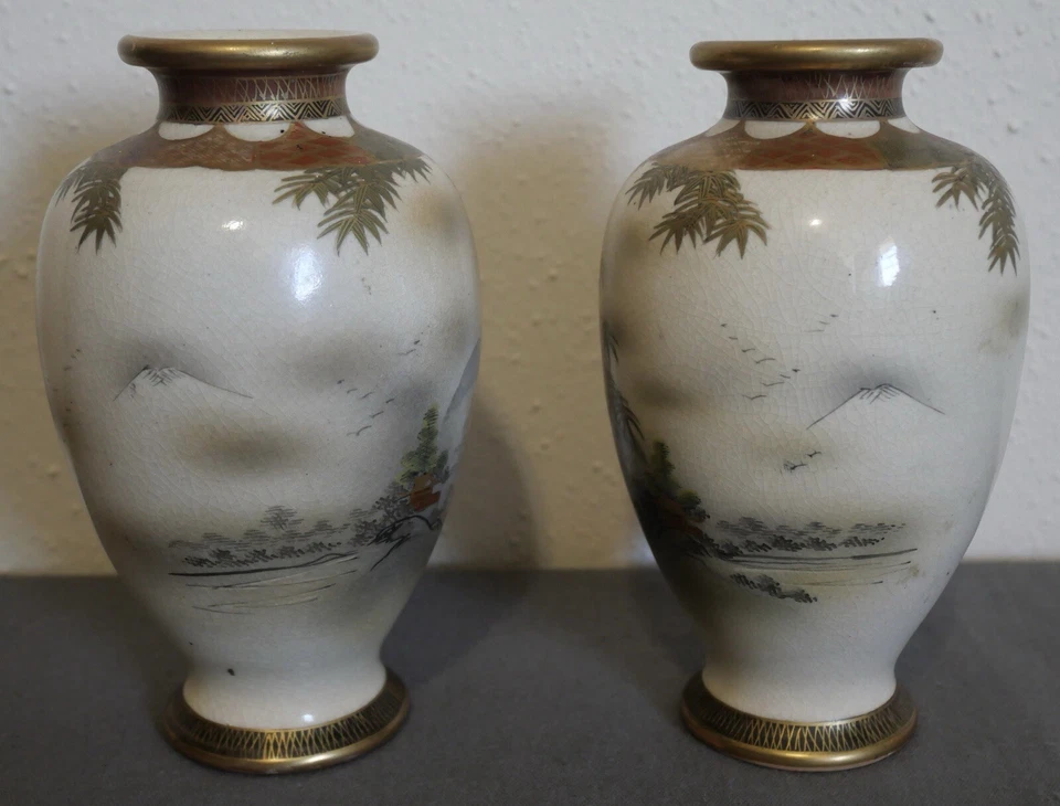 Antique Japanese Satsuma Ware Porcelain Kizan Shimazu Vases Pair Asian O G2U - Image 4 of 4