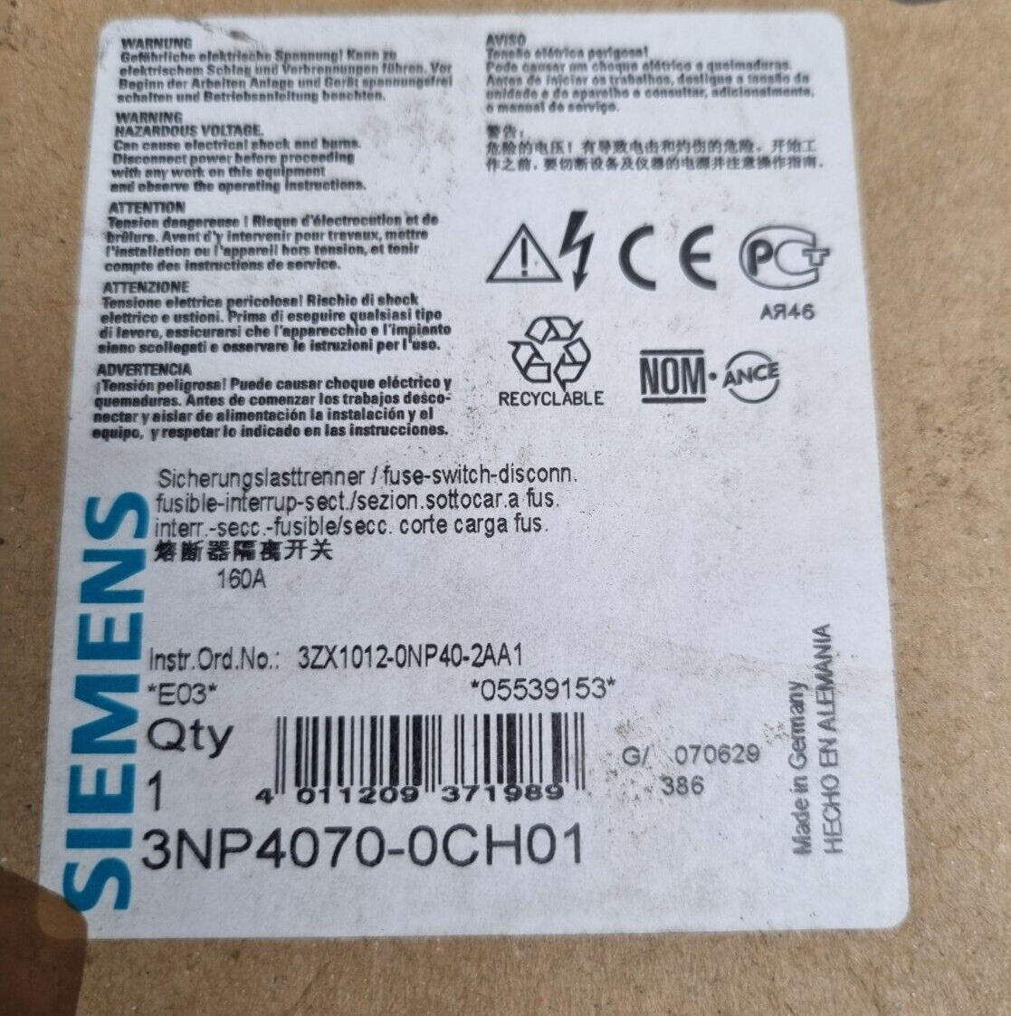 SIEMENS 3NP4070-0CH01 FUSE BLOCK