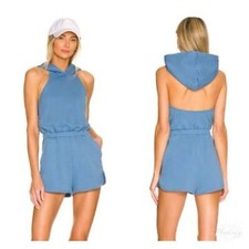 Lovers  Friends Brie Romper in Soft Navy Open Back Hooded Halter Pull On Sz M