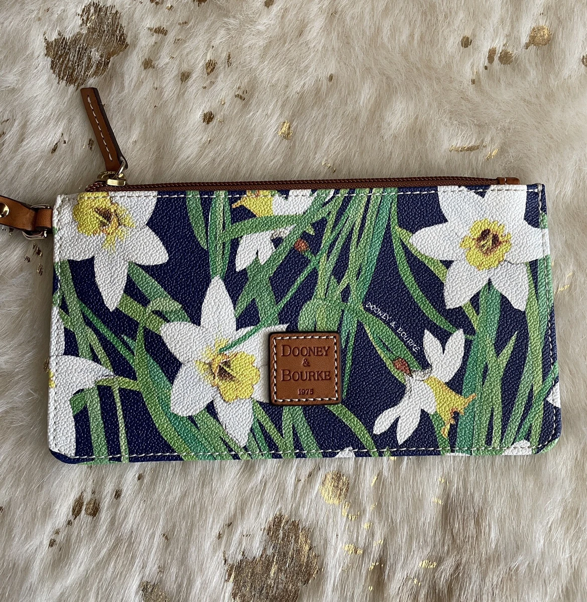 Dooney u0026 Bourke Wristlet Daffodil Floral Blue White Coated Canvas Leather |  eBay