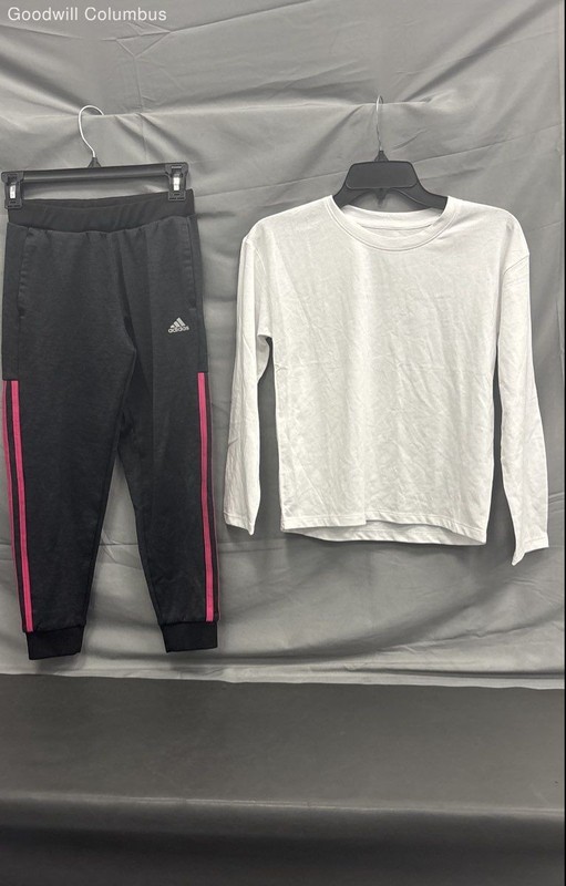 Adidas Girls 2-Piece Outfit Black Pink Joggers White Long Sleeve Shirt M 10/12