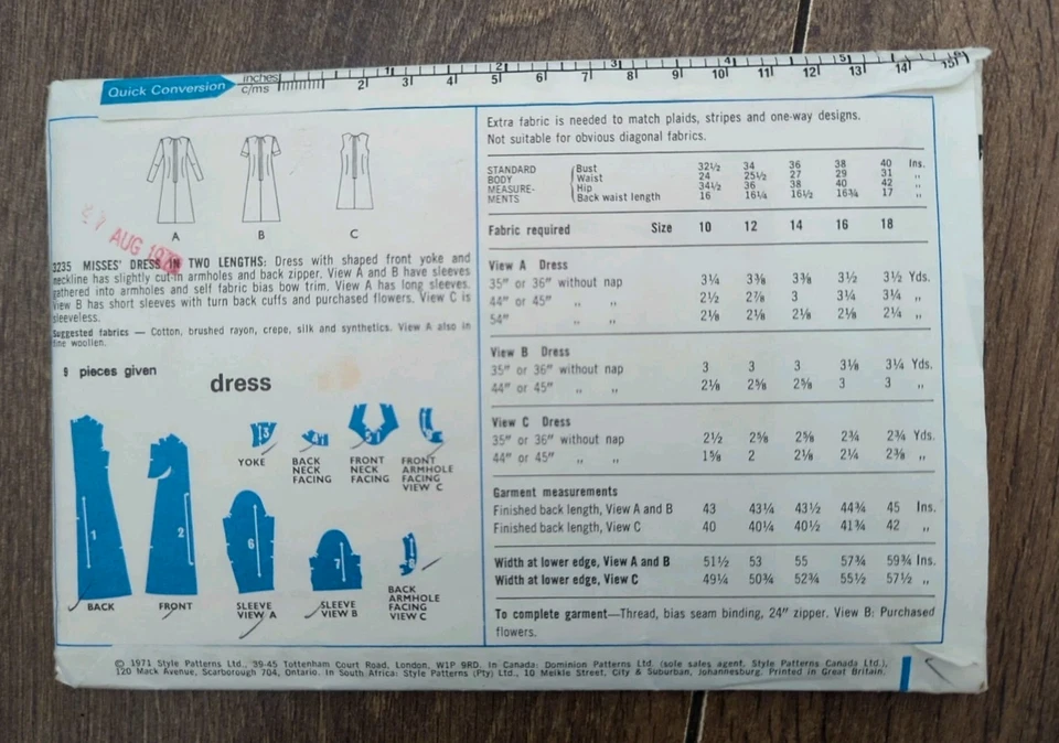 Vintage 1970s Style 3235 Dress Printed Sewing Pattern B38" / 97cm - Image 3 of 3