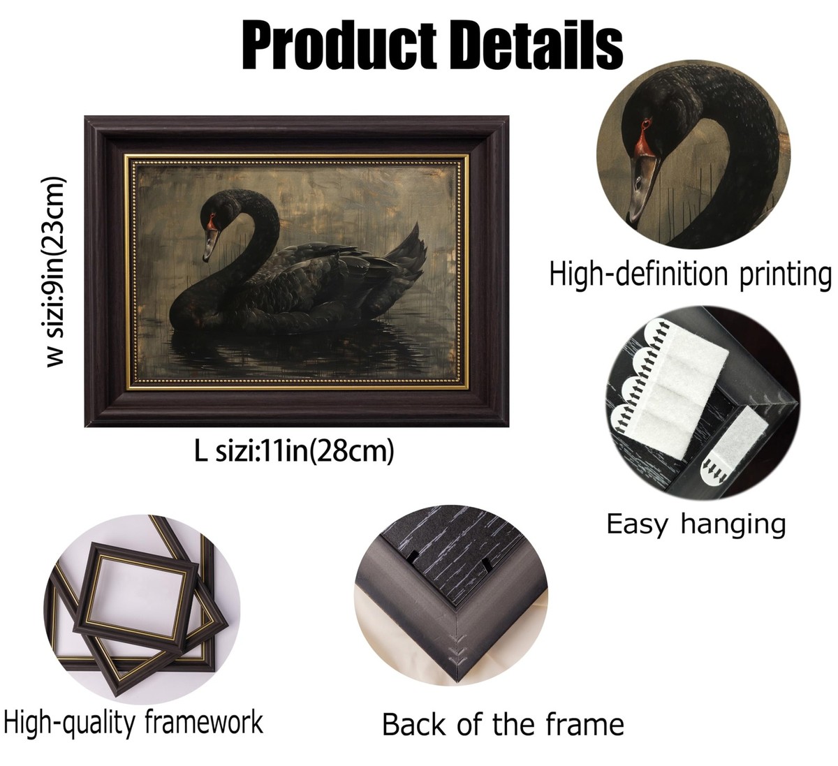 Framed Swan Canvas Wall Art Vintage Grace Black Swan Painting