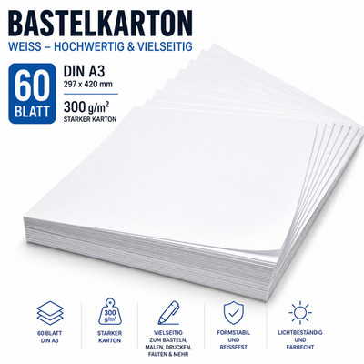 Bastelkarton DIN A3 300g/m² 60 Blatt Weiß Zeichenkarton Kreativpapier