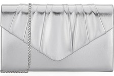 Women Evening Bag Metallic PU Clutch Handbag Pleated Flap Envelope Silver