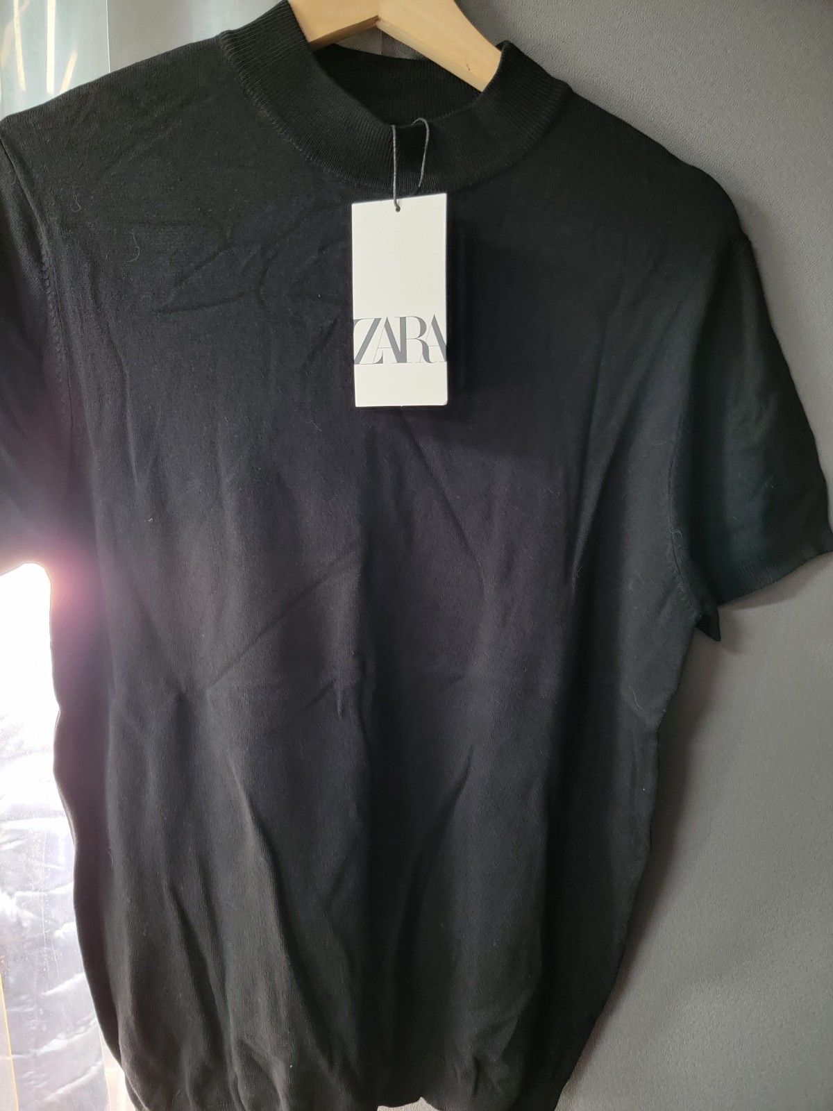 ZARA Mens Ribbed Mock Neck Shirt Short Sleeve Casual Minimalist Top Black Size:M