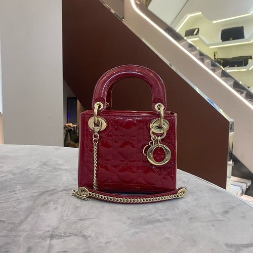 Dior Mini Lady Dior Burgundy Patent Leather Gold Hardware Chain Crossbody AUTH
