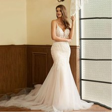 Sexy Deep V Neck Mermaid Wedding Dresses Lace Applique Spaghetti Backless Gowns