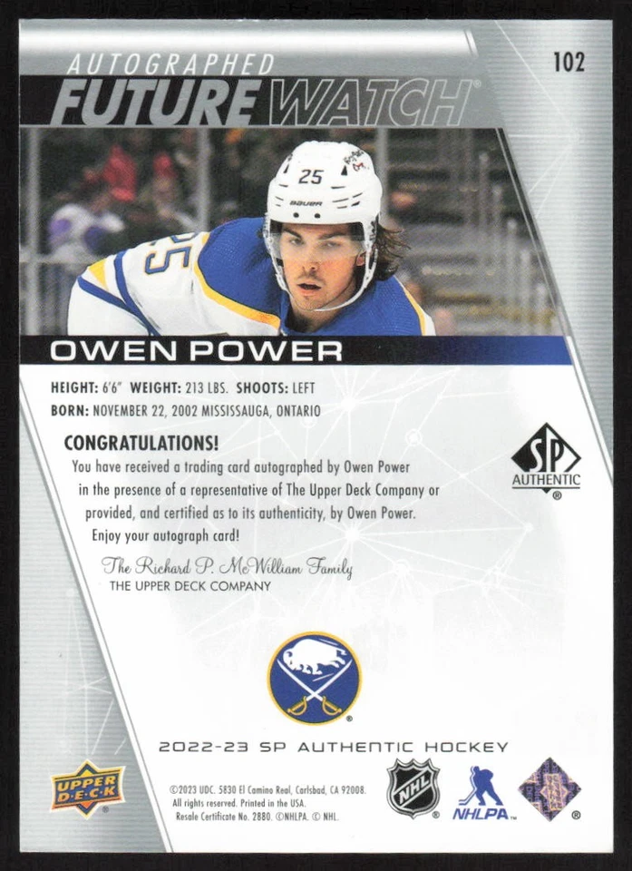 2022-23 SP Authentic Future Watch Auto Rookie #102 Owen Power /999 Sabres - Image 2 of 2