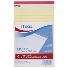 Mead Canary Junior Legal Pads, 5 x 8 Inch, 4 Pack 50 Sheets 59382 